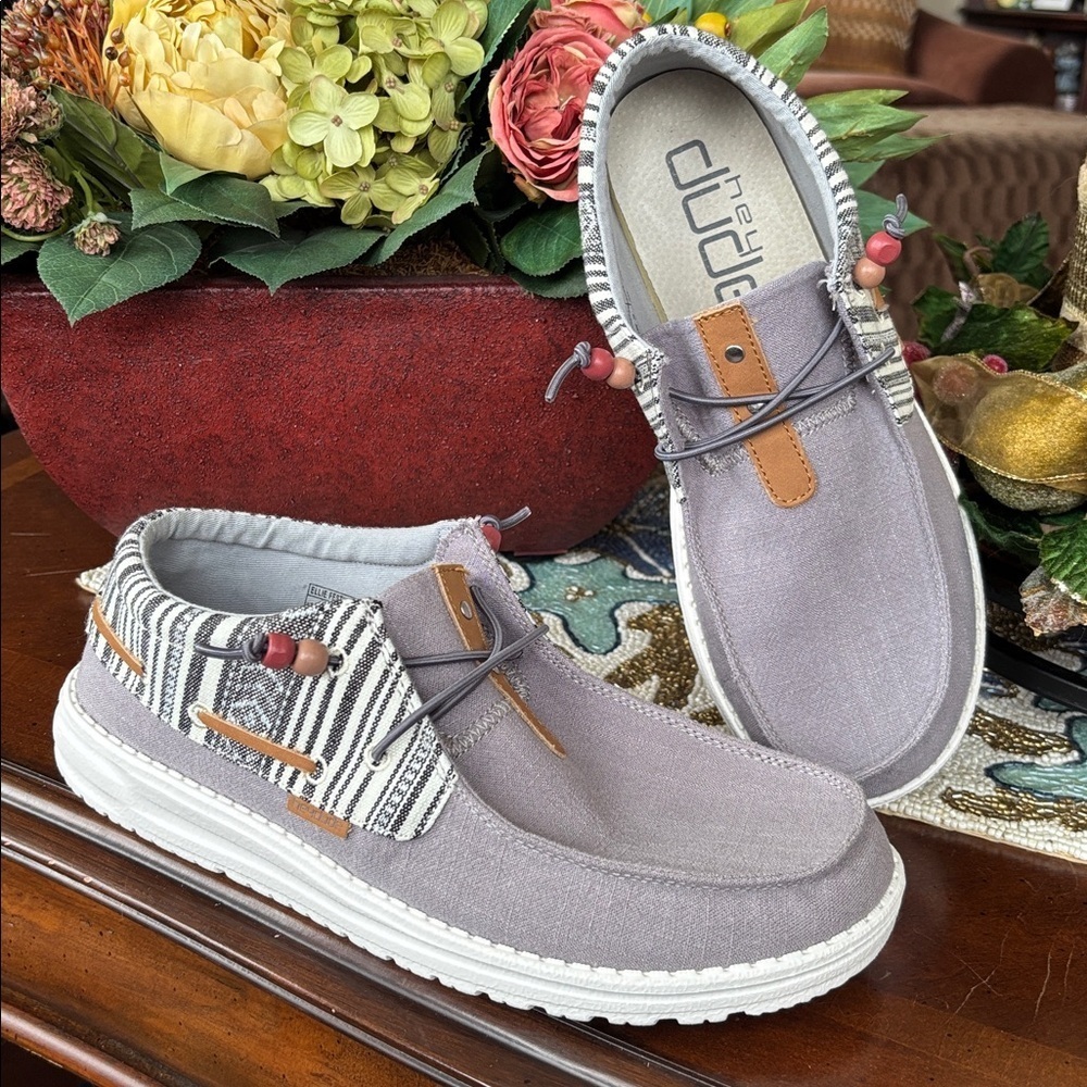 Hey Dude Ellie Festival Slip-On Loafers Boulder Gray Boho Aztec Casual Canvas